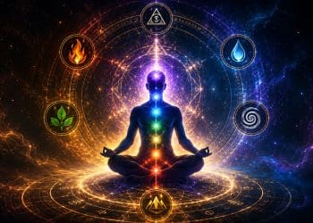 ICEMS Energy Attunement depicted as a meditating figure surrounded by glowing chakras, sacred geometry, elemental symbols, and an illuminated occult energy field.