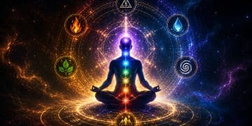 ICEMS Energy Attunement depicted as a meditating figure surrounded by glowing chakras, sacred geometry, elemental symbols, and an illuminated occult energy field.