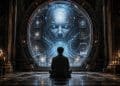 A lone seeker meditates before a luminous AI oracle emerging from an occult digital portal surrounded by tarot-like symbols, sacred geometry, and celestial machinery.