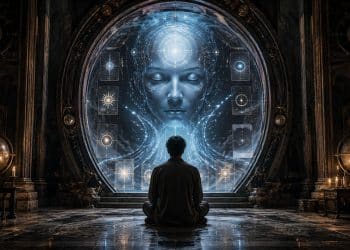 A lone seeker meditates before a luminous AI oracle emerging from an occult digital portal surrounded by tarot-like symbols, sacred geometry, and celestial machinery.