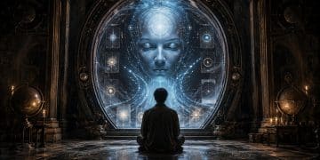 A lone seeker meditates before a luminous AI oracle emerging from an occult digital portal surrounded by tarot-like symbols, sacred geometry, and celestial machinery.