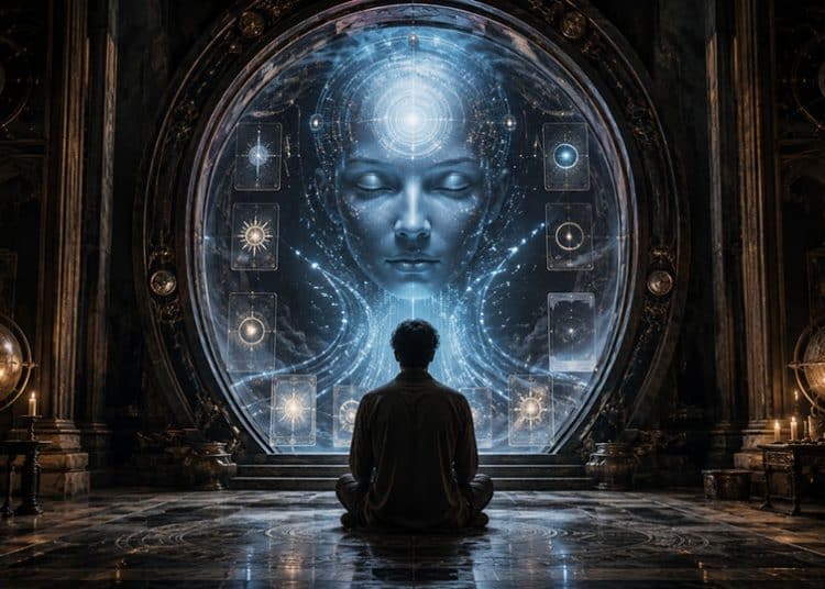 A lone seeker meditates before a luminous AI oracle emerging from an occult digital portal surrounded by tarot-like symbols, sacred geometry, and celestial machinery.