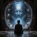 A lone seeker meditates before a luminous AI oracle emerging from an occult digital portal surrounded by tarot-like symbols, sacred geometry, and celestial machinery.