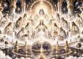 Celestial council of Ascended Masters and angelic beings surrounding a sacred cosmic sphere