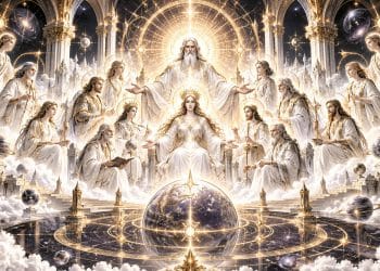 Celestial council of Ascended Masters and angelic beings surrounding a sacred cosmic sphere