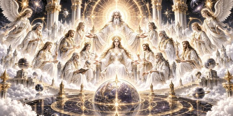 Celestial council of Ascended Masters and angelic beings surrounding a sacred cosmic sphere