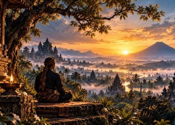 The Language of Rasa ebook cover showing a Javanese meditator overlooking temples at sunrise