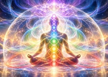 Aetherloom Field Healing illustration showing seven illuminated chakra centers and interwoven auric light surrounding a meditating figure.