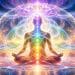 Aetherloom Field Healing illustration showing seven illuminated chakra centers and interwoven auric light surrounding a meditating figure.